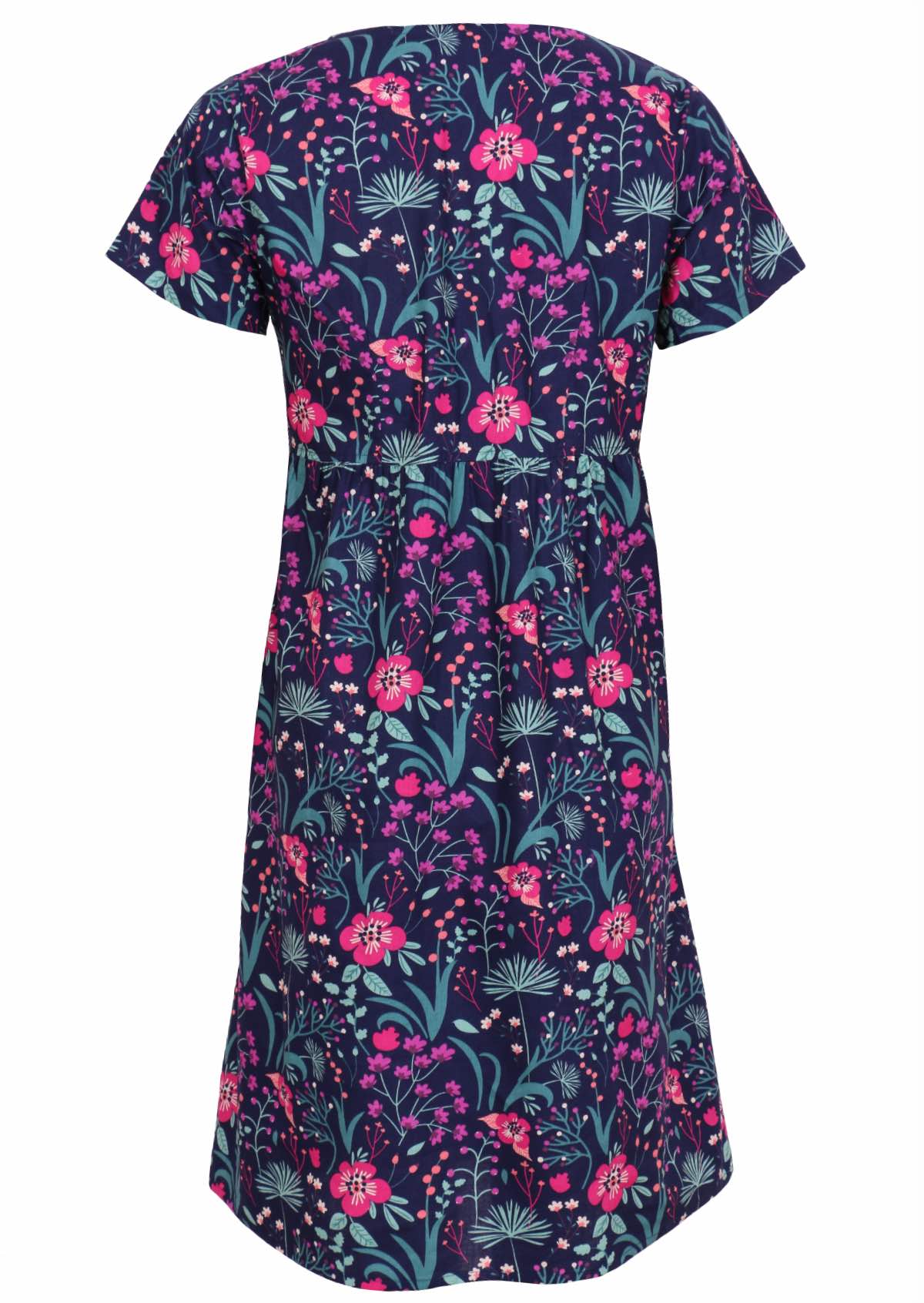 100 percent cotton v-neck empire waist sundress with hot pink and bright purple flowers on a deep blue base with pockets back