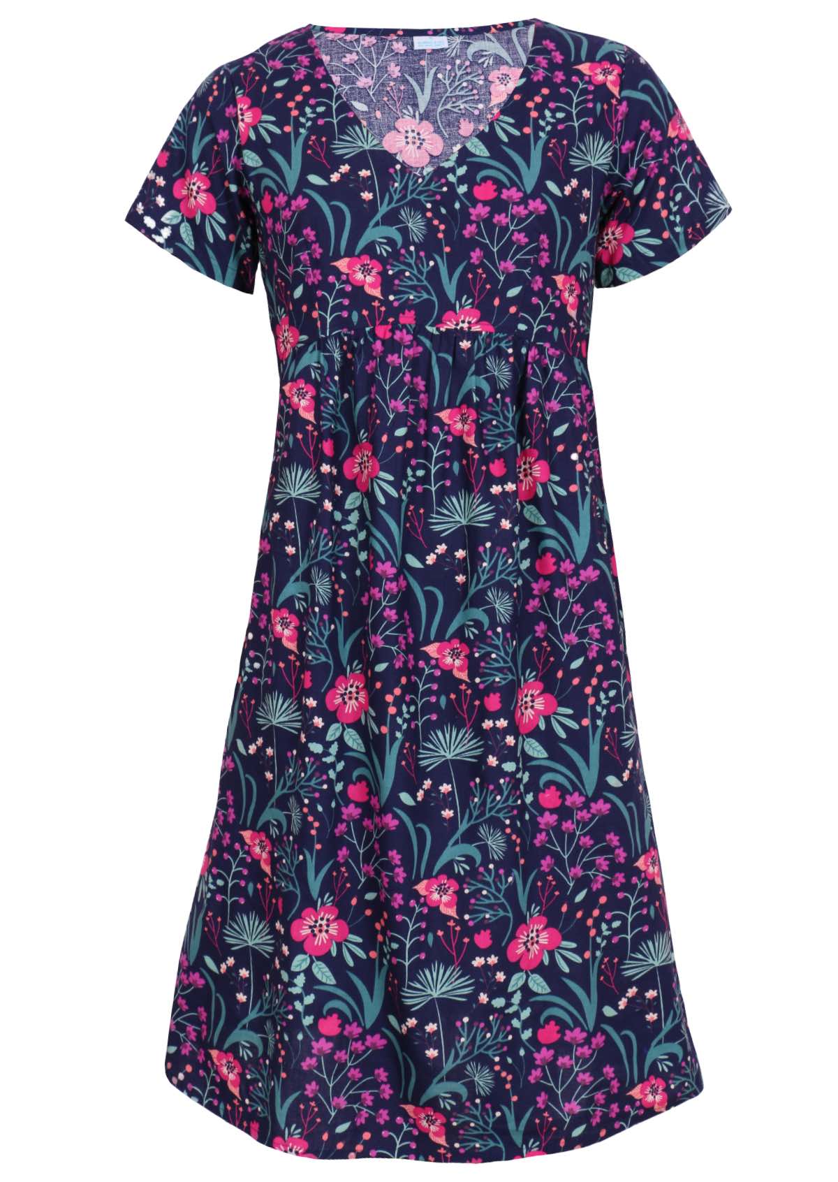 100 percent cotton v-neck empire waist sundress with hot pink and bright purple flowers on a deep blue base with pockets 