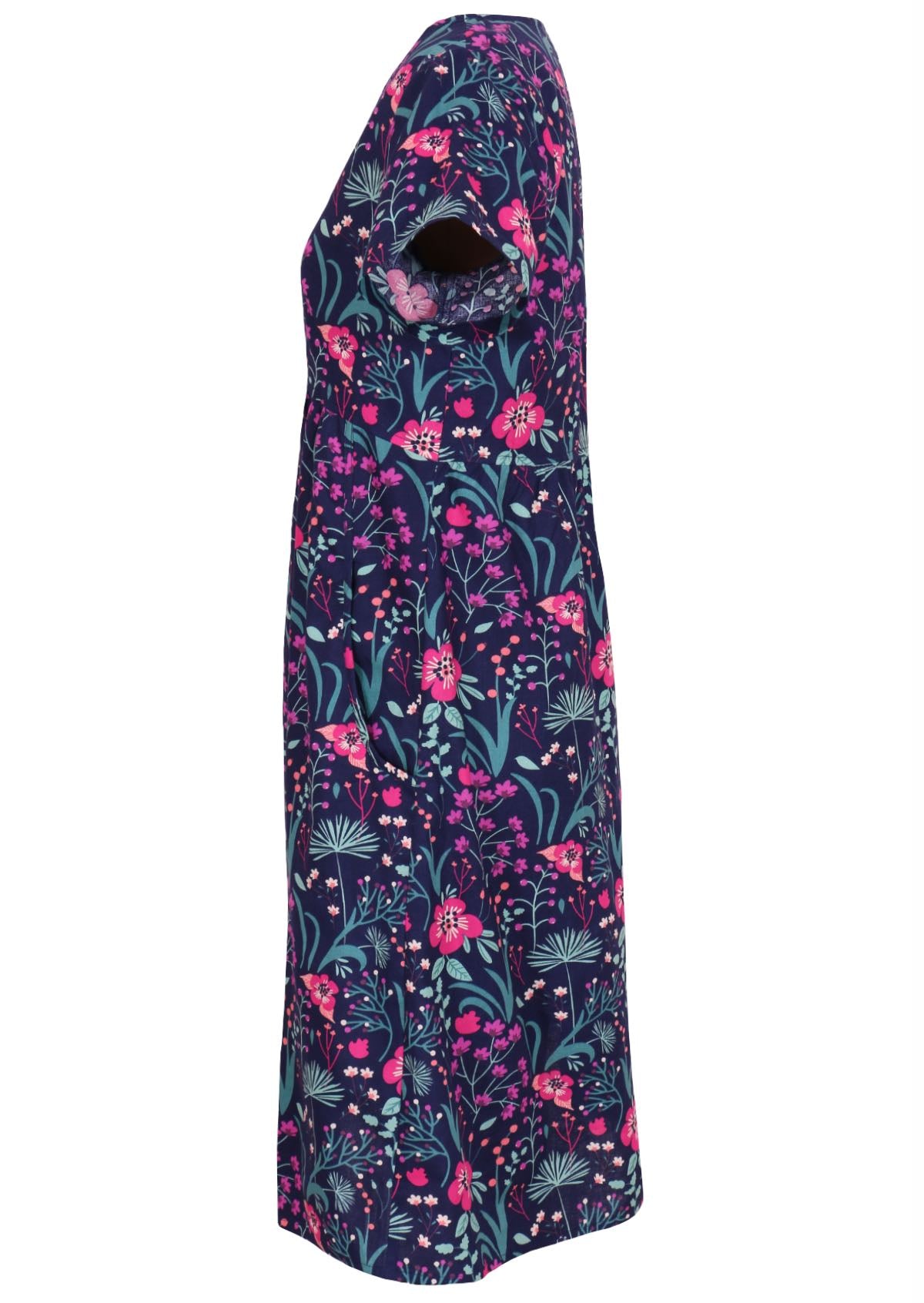 100 percent cotton v-neck empire waist sundress with hot pink and bright purple flowers on a deep blue base with pockets side