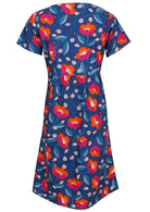 Back image of relaxed fit, 100% cotton dress in royal blue based floral print.