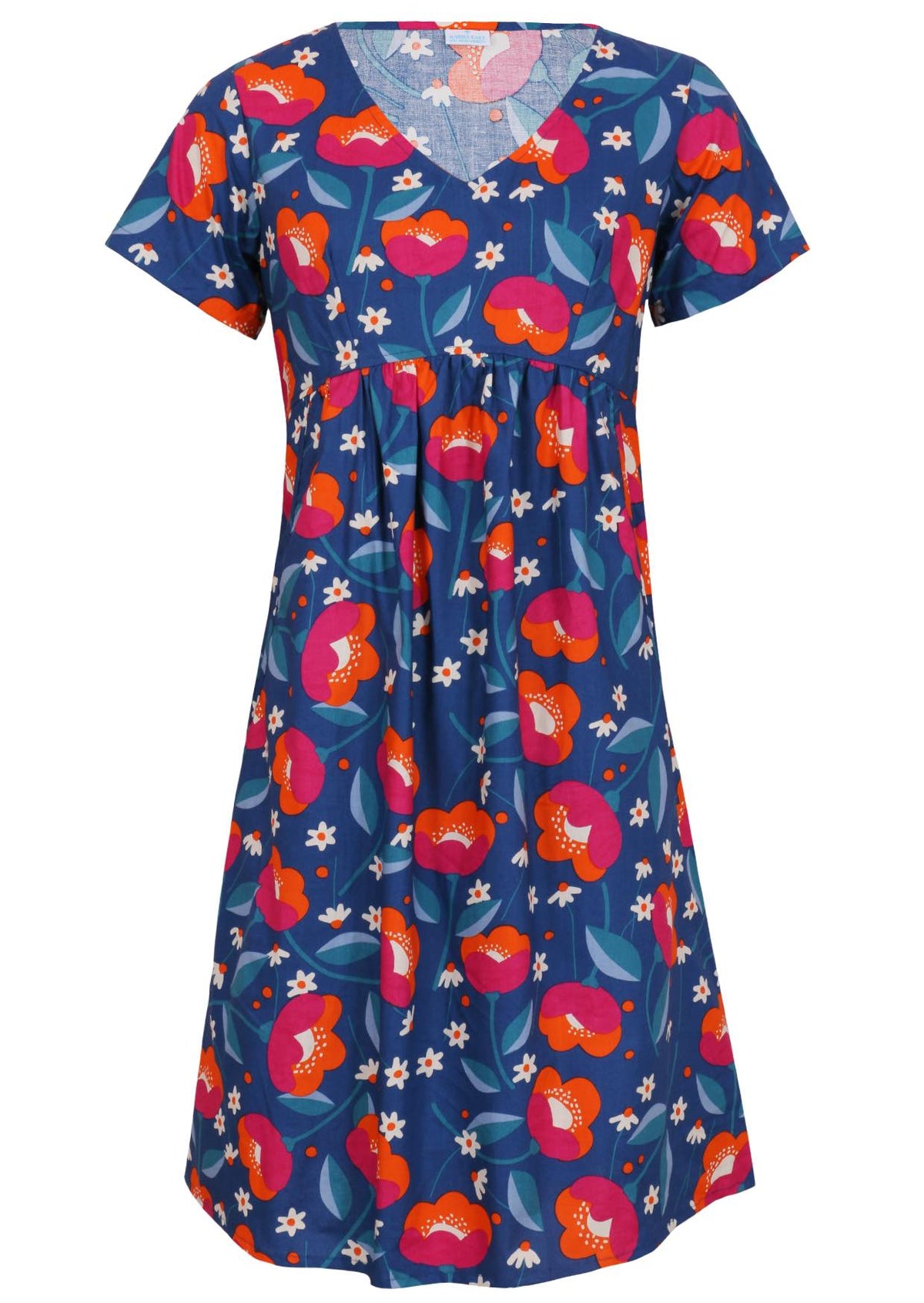 100% cotton, short sleeve dress with V neckline in royal blue based floral print.