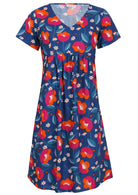 100% cotton, short sleeve dress with V neckline in royal blue based floral print.