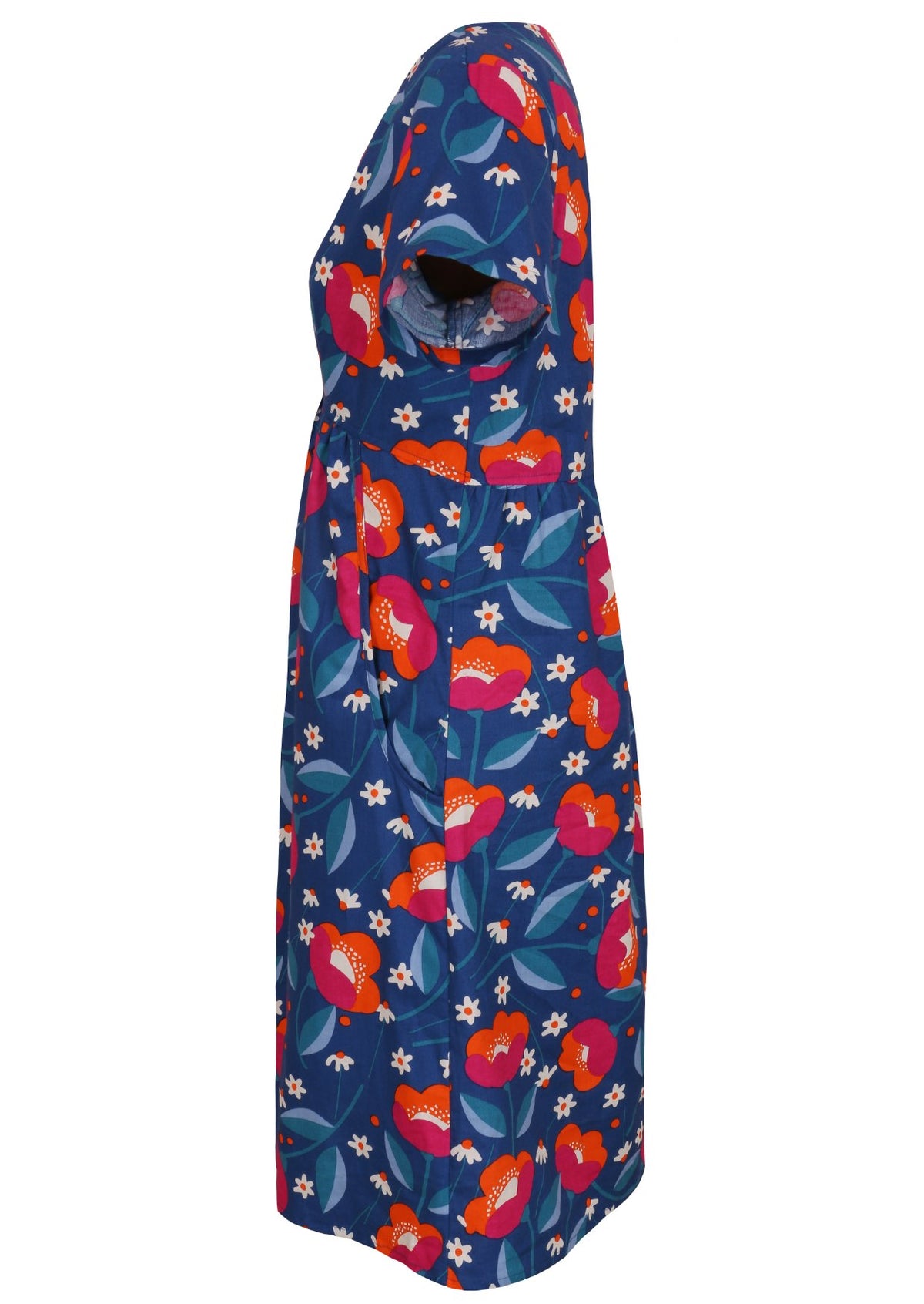 Side image short sleeved dress with pockets and V neckline.