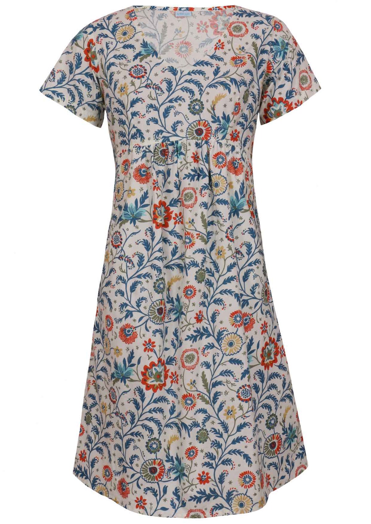 100% cotton, short sleeve dress with V neckline in white based floral print ghost mannequin image front view
