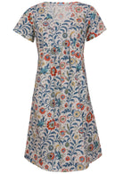 100% cotton, short sleeve dress with V neckline in white based floral print ghost mannequin image front view
