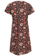 Back image of relaxed fit, 100% cotton dress in black based floral print.