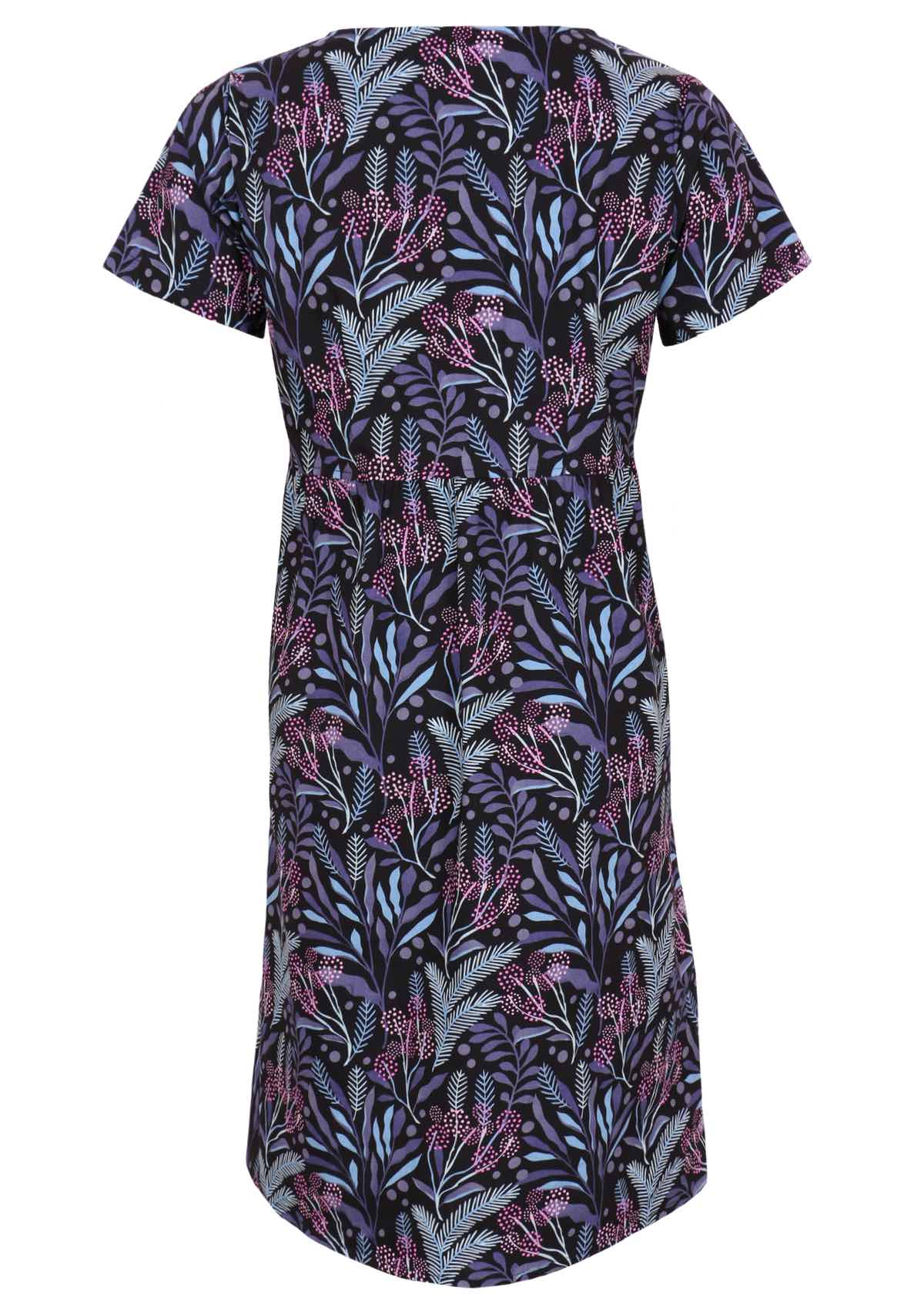 100% cotton black based floral print in blues, violet and pink