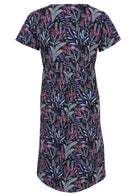 100% cotton black based floral print in blues, violet and pink