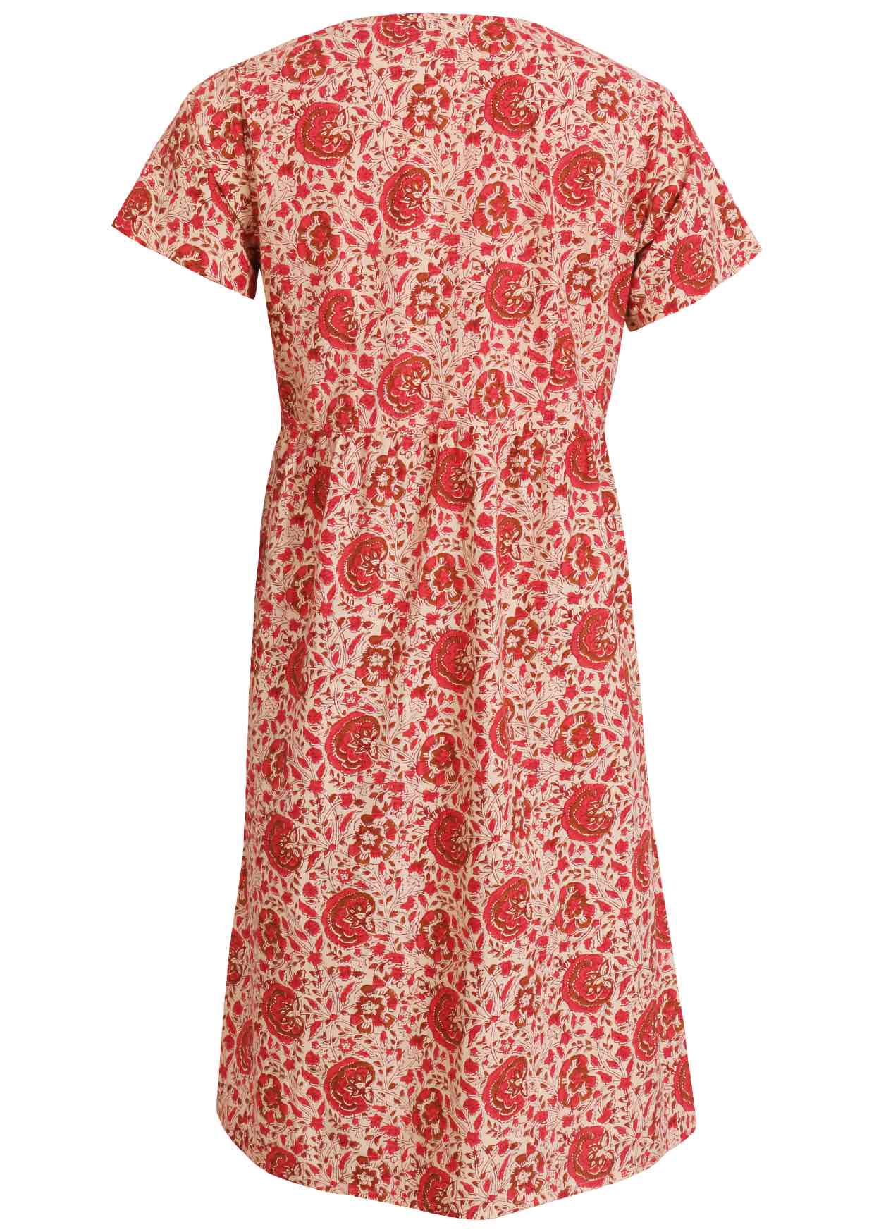 Back image of relaxed fit, 100% cotton dress in cream based floral print.