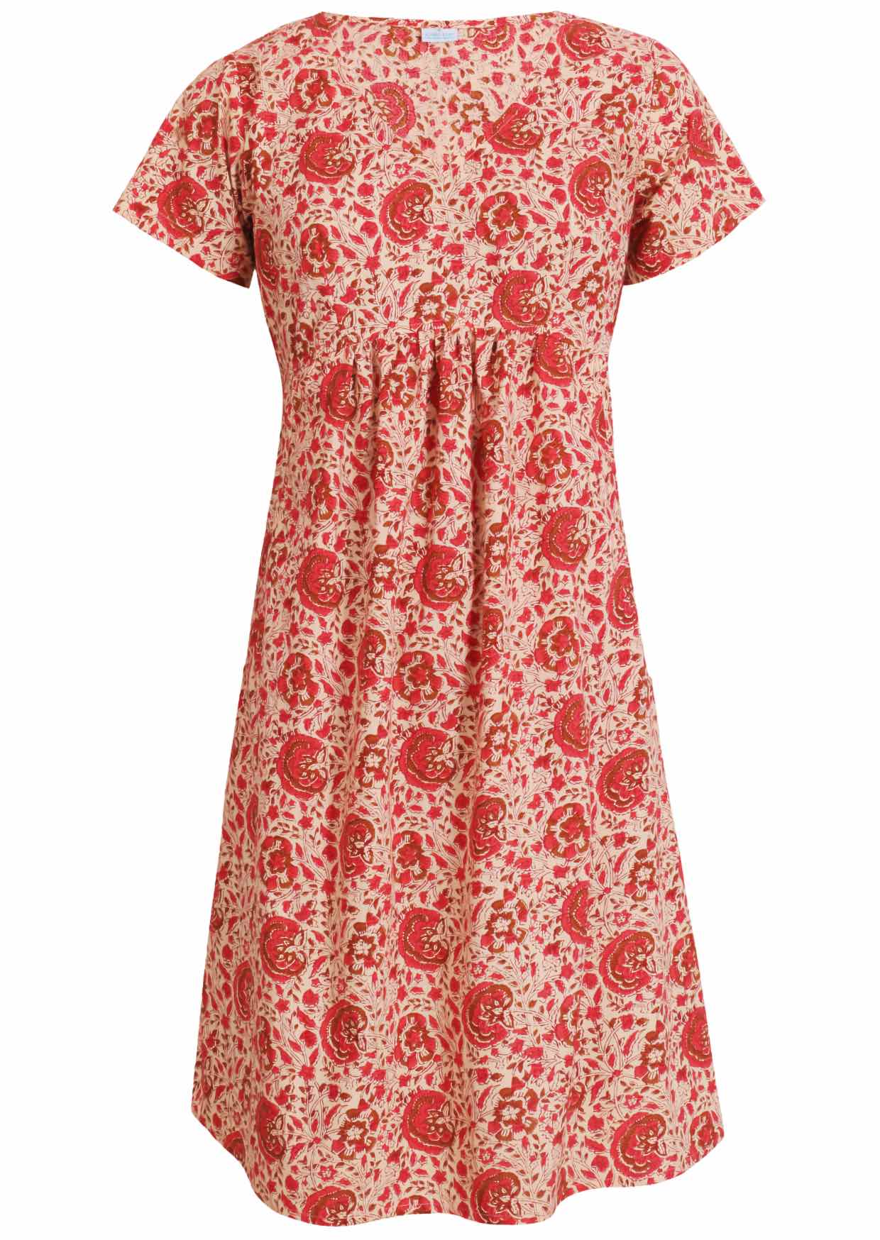 100% cotton, short sleeve dress with V neckline in cream based floral print.