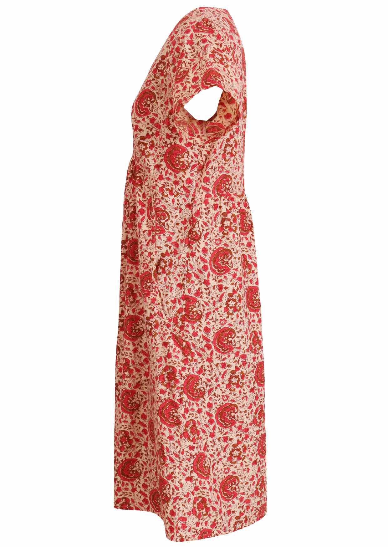 Side image short sleeved dress with pockets and V neckline.