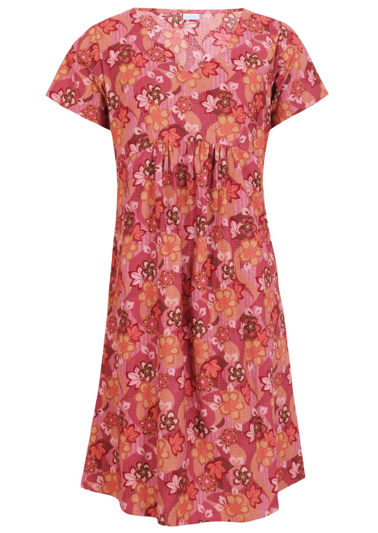 100% cotton, short sleeve dress with V neckline in warm toned Japanese style print, with pink, maroon, brown, peach and khaki palette.