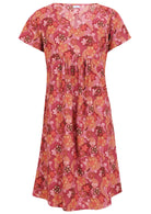 100% cotton, short sleeve dress with V neckline in warm toned Japanese style print, with pink, maroon, brown, peach and khaki palette.