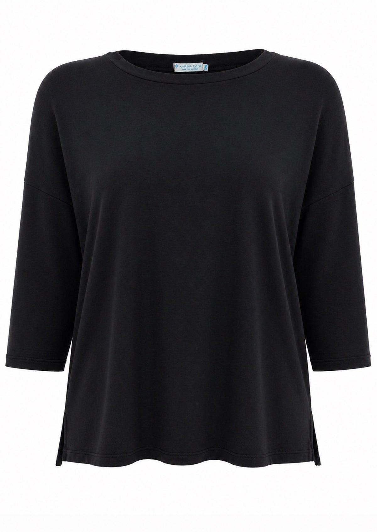 Black relaxed fit soft stretch rayon top with 3/4 sleeves