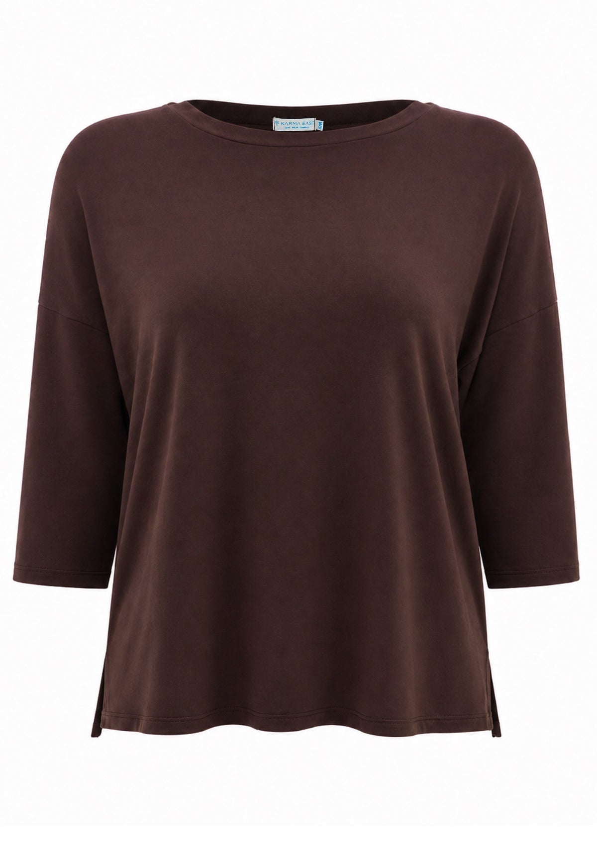 Front of soft stretch rayon jersey relaxed fit dark brown top with 3/4 sleeves and high round neckline