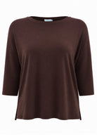 Front of soft stretch rayon jersey relaxed fit dark brown top with 3/4 sleeves and high round neckline