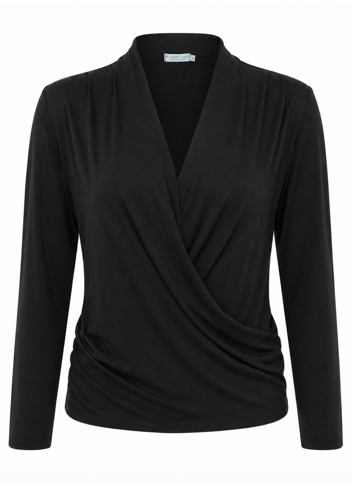 Black soft stretch rayon long sleeve false wrap front top
