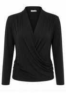 Black soft stretch rayon long sleeve false wrap front top