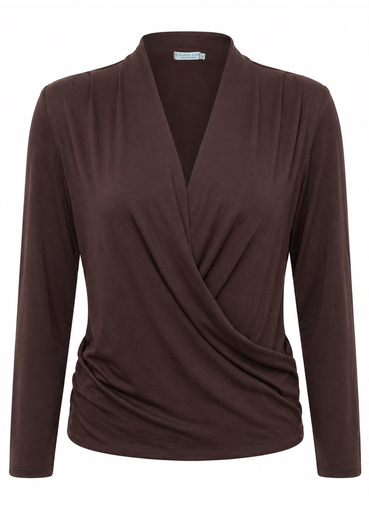 Soft stretch rayon jersey long sleeve false wrap front top in dark brown