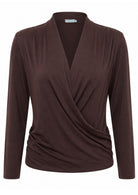 Soft stretch rayon jersey long sleeve false wrap front top in dark brown