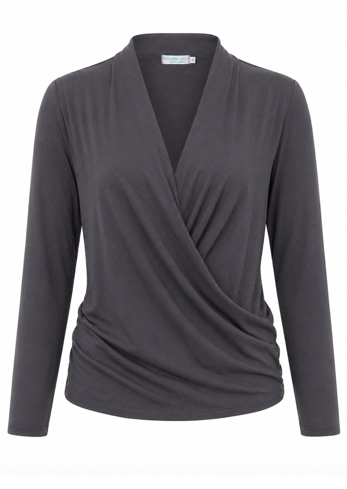 Dark grey soft stretch rayon long sleeve false wrap front top