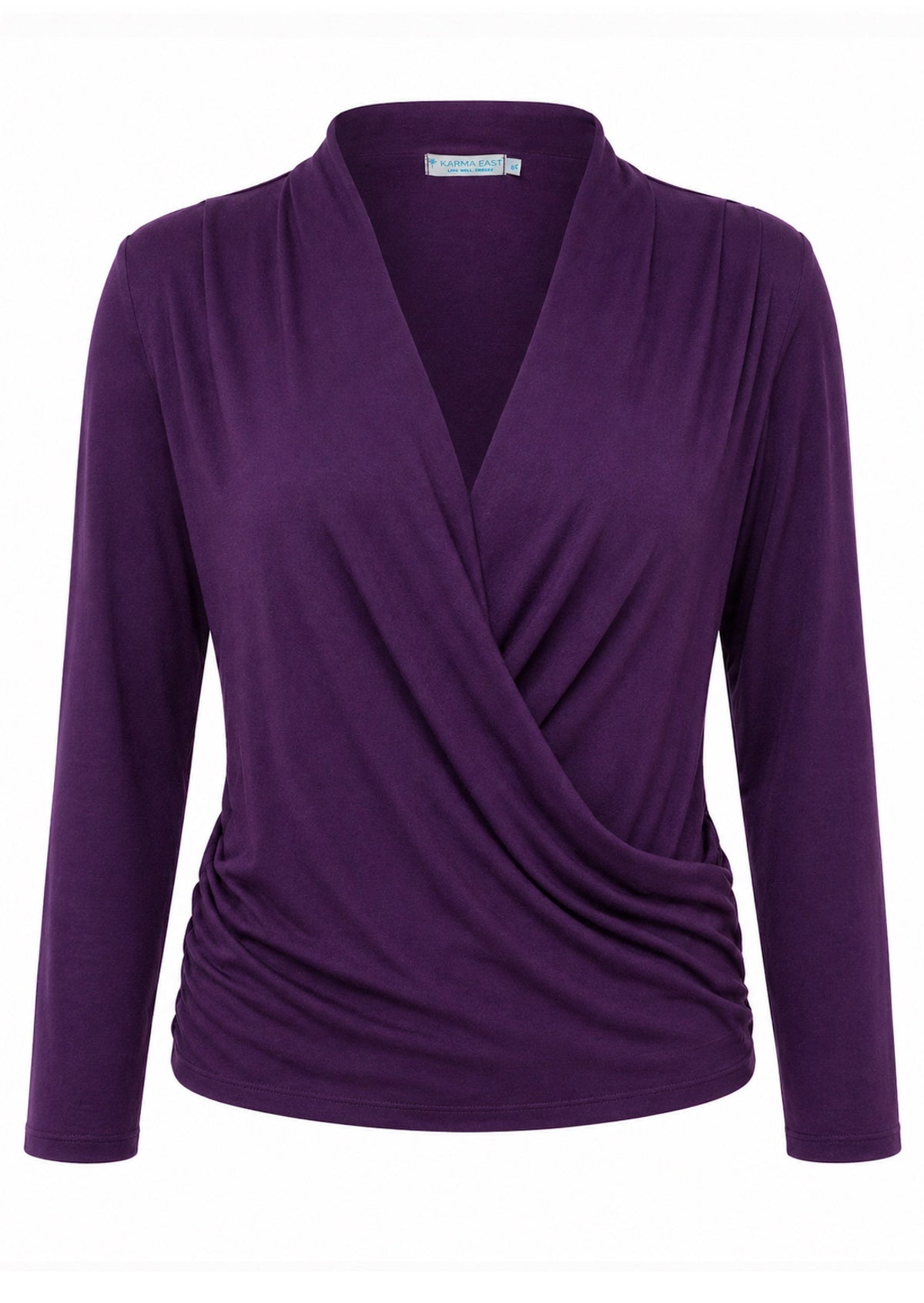 Purple soft stretch rayon long sleeve false wrap front top