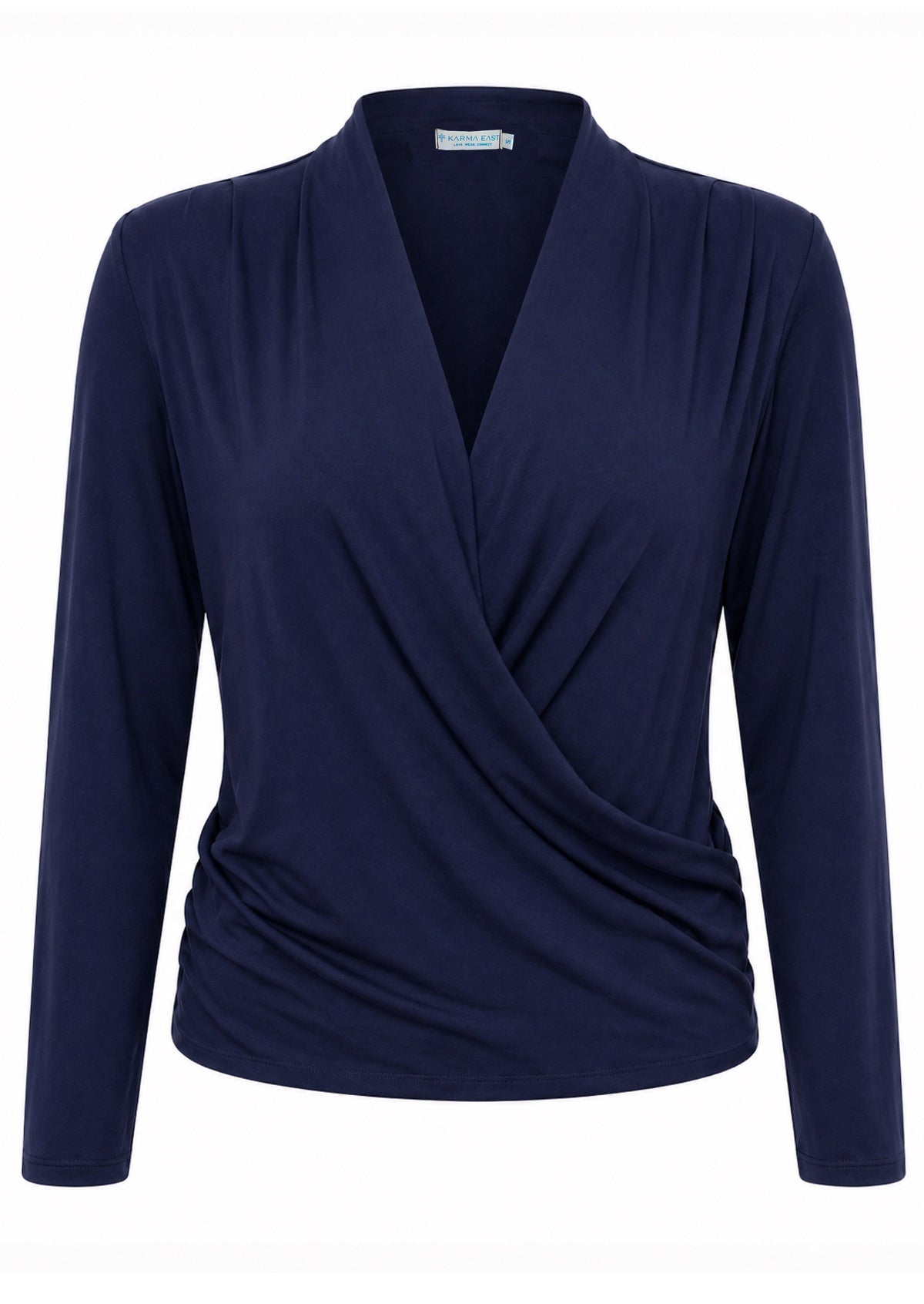 Navy blue soft stretch rayon long sleeve false wrap front top