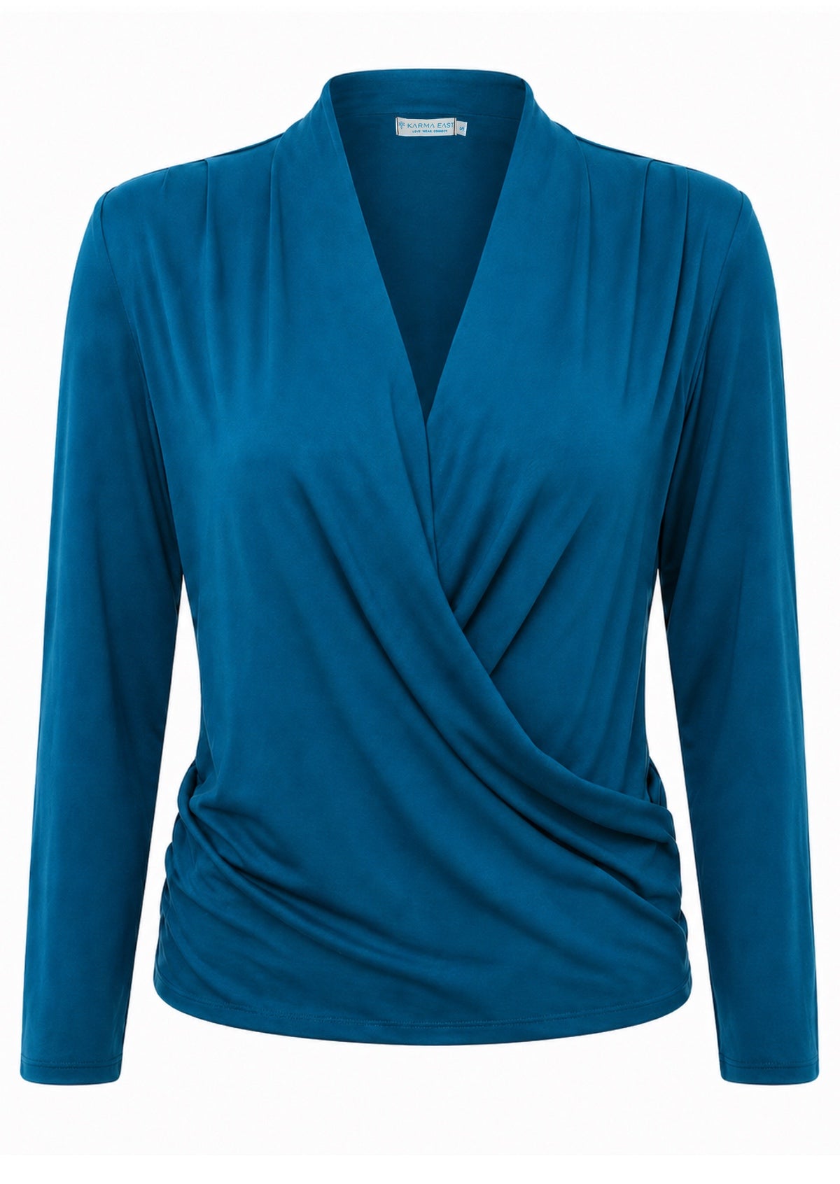 Teal soft stretch rayon long sleeve false wrap front top