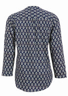 Back view of 100% cotton top with navy blue based floral print
