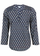 Lightweight 100% cotton long sleeve top with navy blue based floral print.