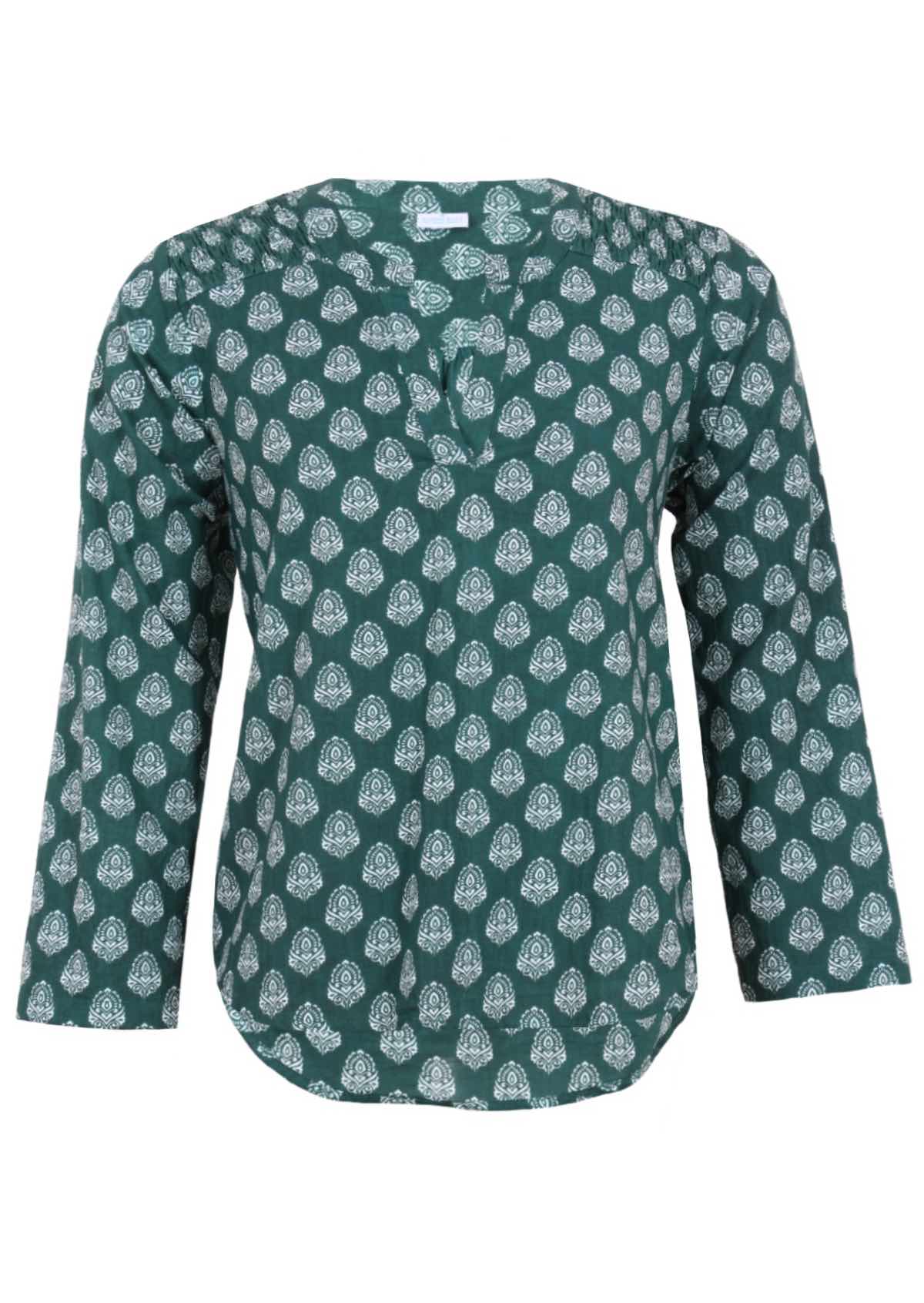 Lightweight cotton long sleeve top with pendant print on a dark green base
