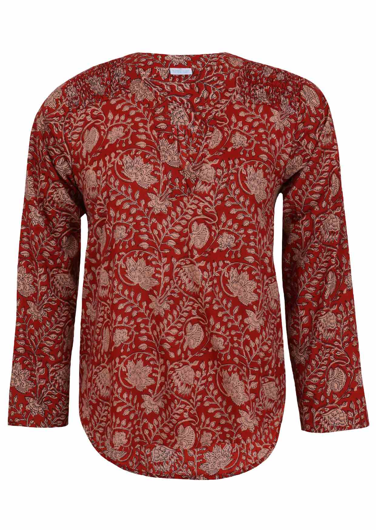 Lightweight 100% cotton long sleeve top with red based floral print.