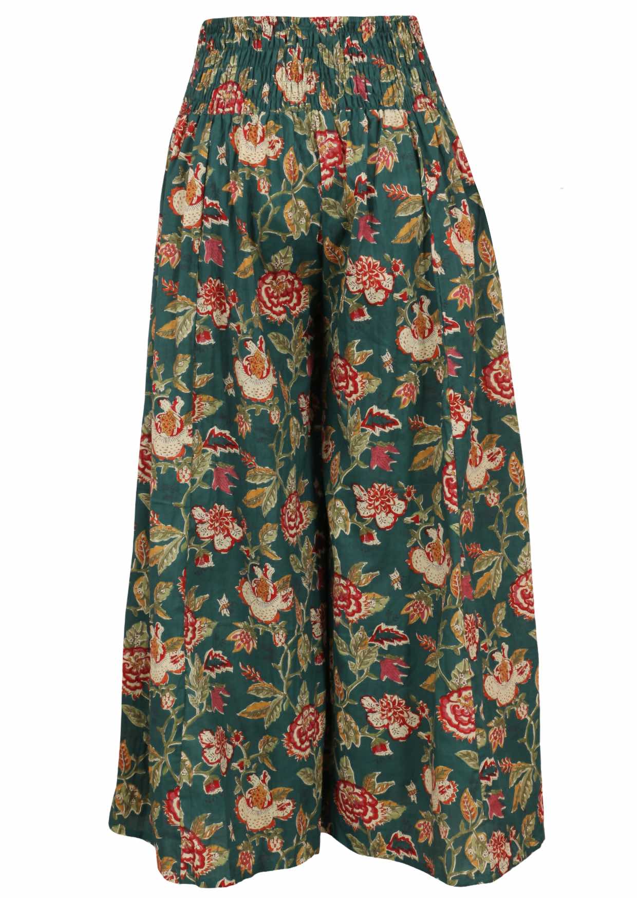 Back view of cotton wide-leg pants on a white background