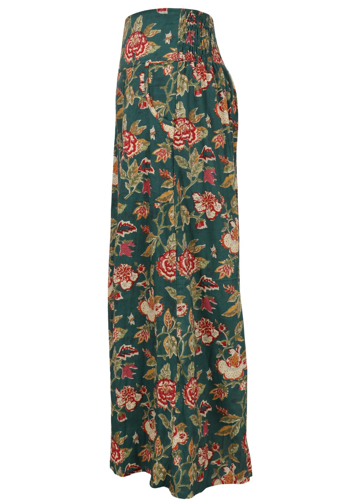 side view of cotton wide-leg pants on a white background