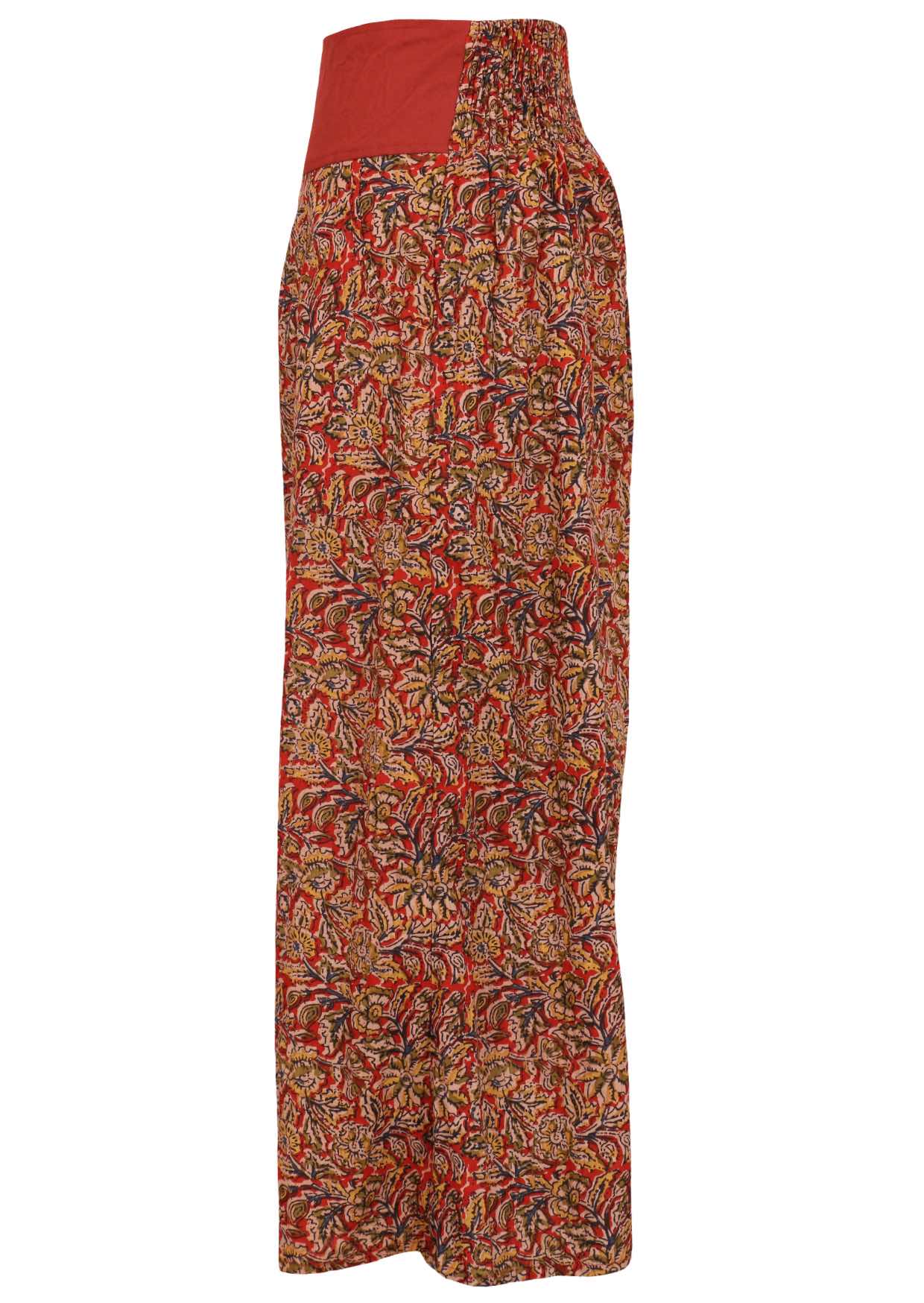 side view of Indian cotton wide-leg pants on a white background