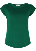 Green rayon t-shirt with round neckline and cap sleeves