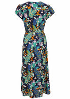 Blue based floral print Rayon wrap dress with belt to secure.