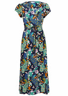 Blue based floral print Rayon dress with V-neckline.