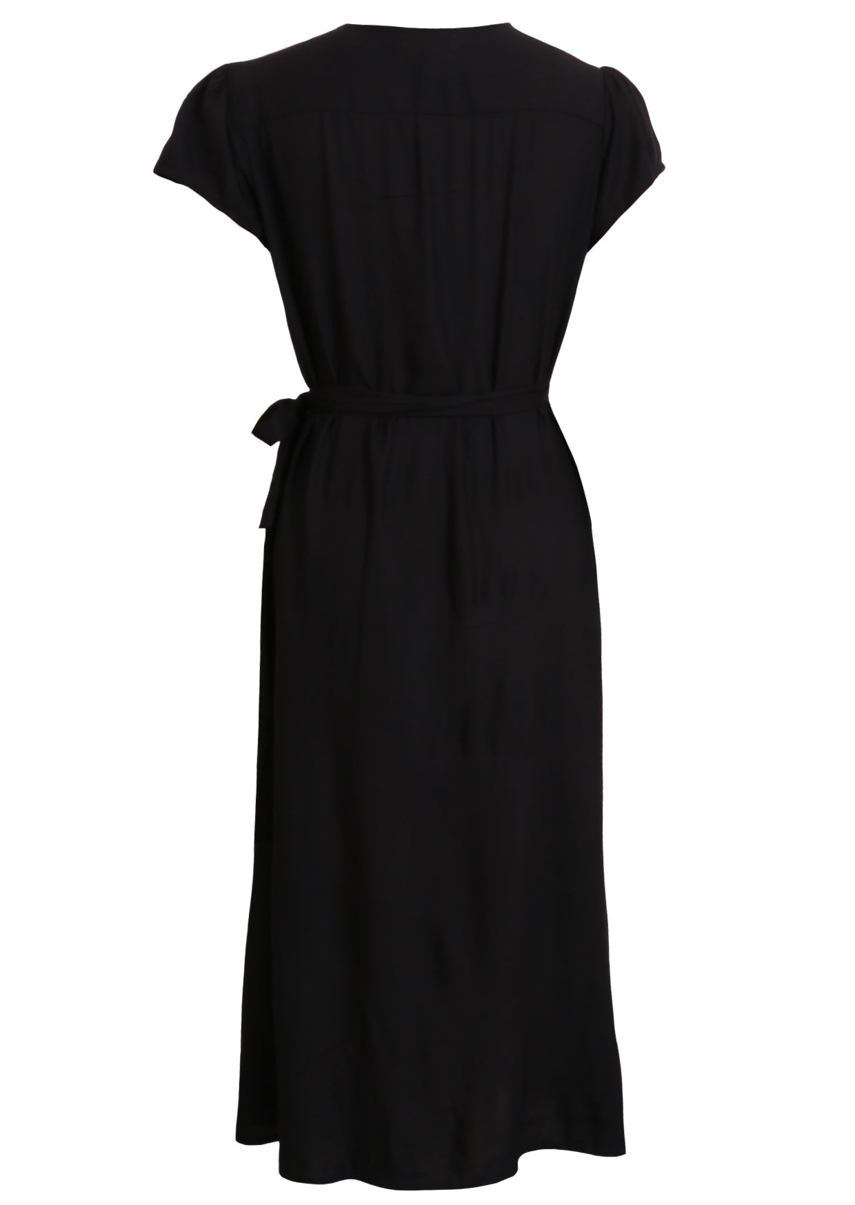 Back mannequin pic of long black wrap dress, secured at the side with attached waist tie