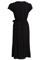 Back mannequin pic of long black wrap dress, secured at the side with attached waist tie