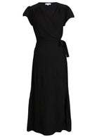 Front mannequin pic of long black rayon wrap dress with butterfly sleeves and waist-tie