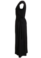 Side mannequin pic of long black rayon wrap dress with butterfly sleeves