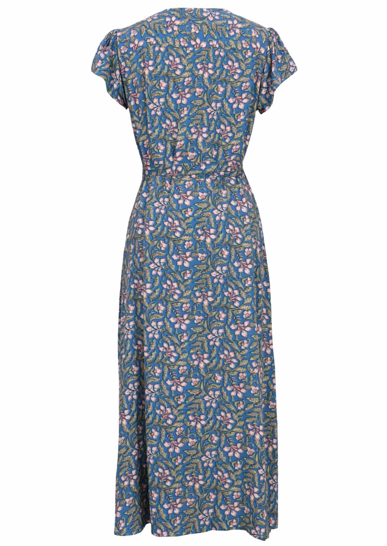 Blue based block style floral print Rayon wrap dress with belt to secure.