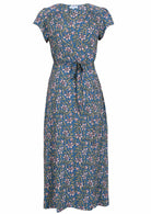Blue based block style floral print Rayon dress with V-neckline.