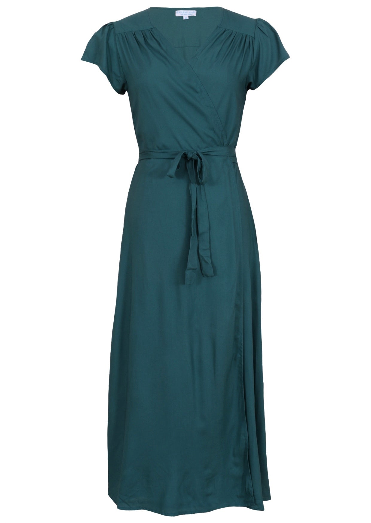 Teal rayon wrap dress with ties for closure, butterfly sleeves and gathers at front of shoulders