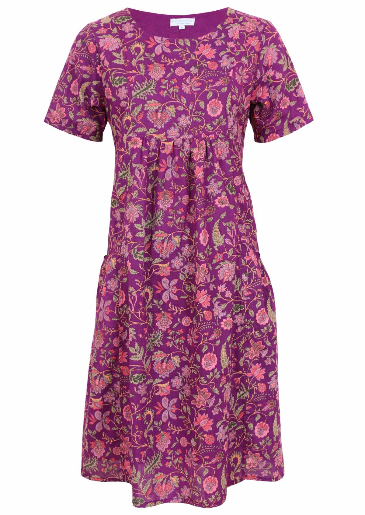 Purple base floral print cotton short sleeve dress
