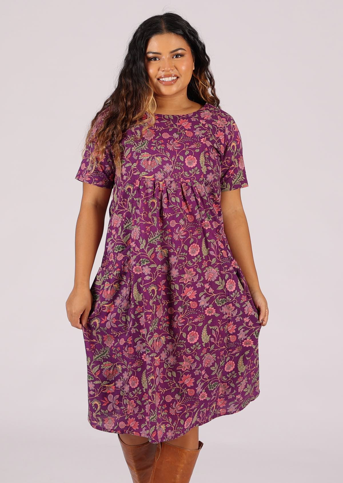T-shirt sleeved cotton dress in sweet pink and purple floral print