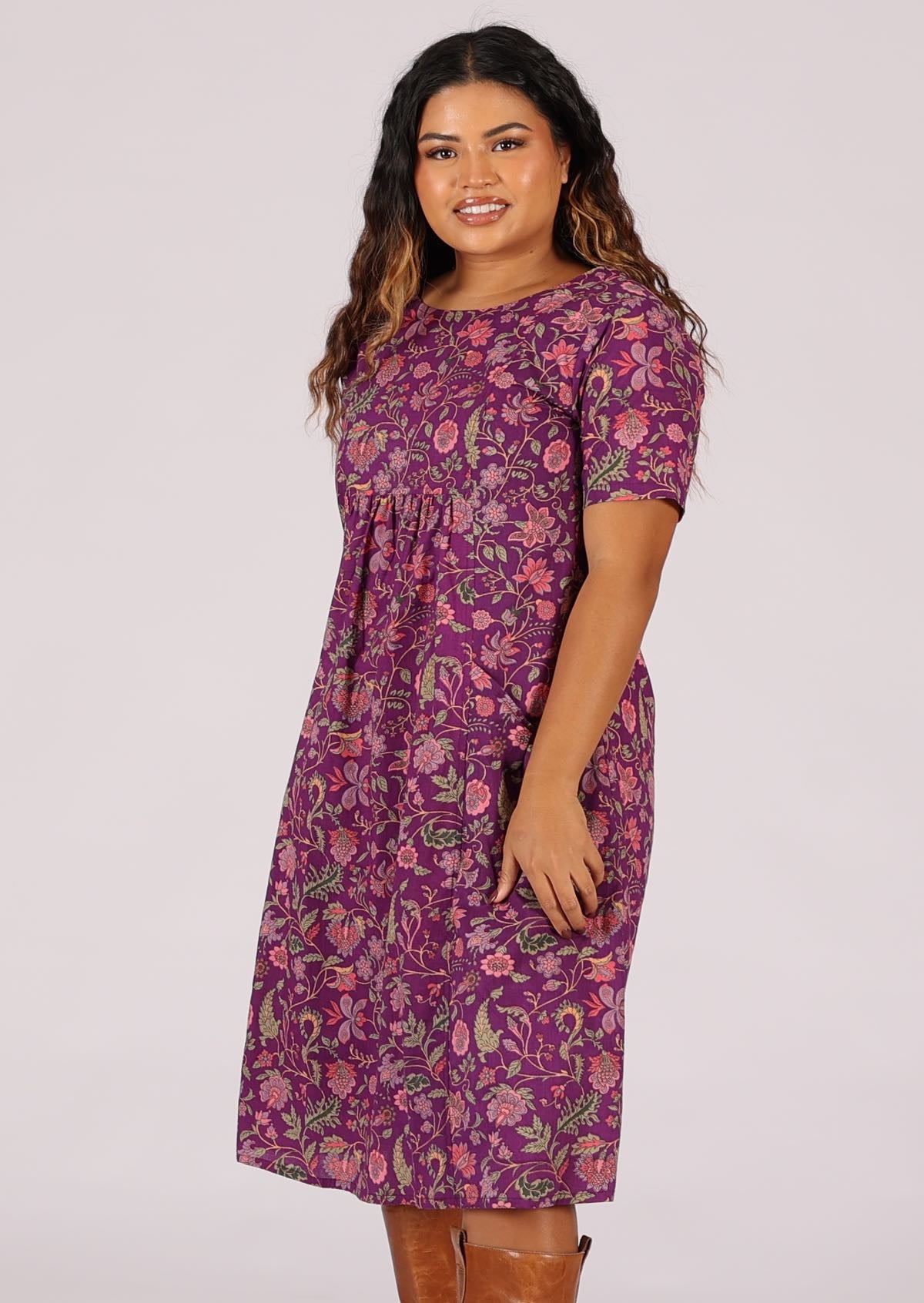 Floral print on purple base 100% cotton short sleeve dress