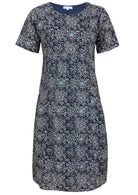 Front view of cotton dress with round neckline in navy blue based floral print
