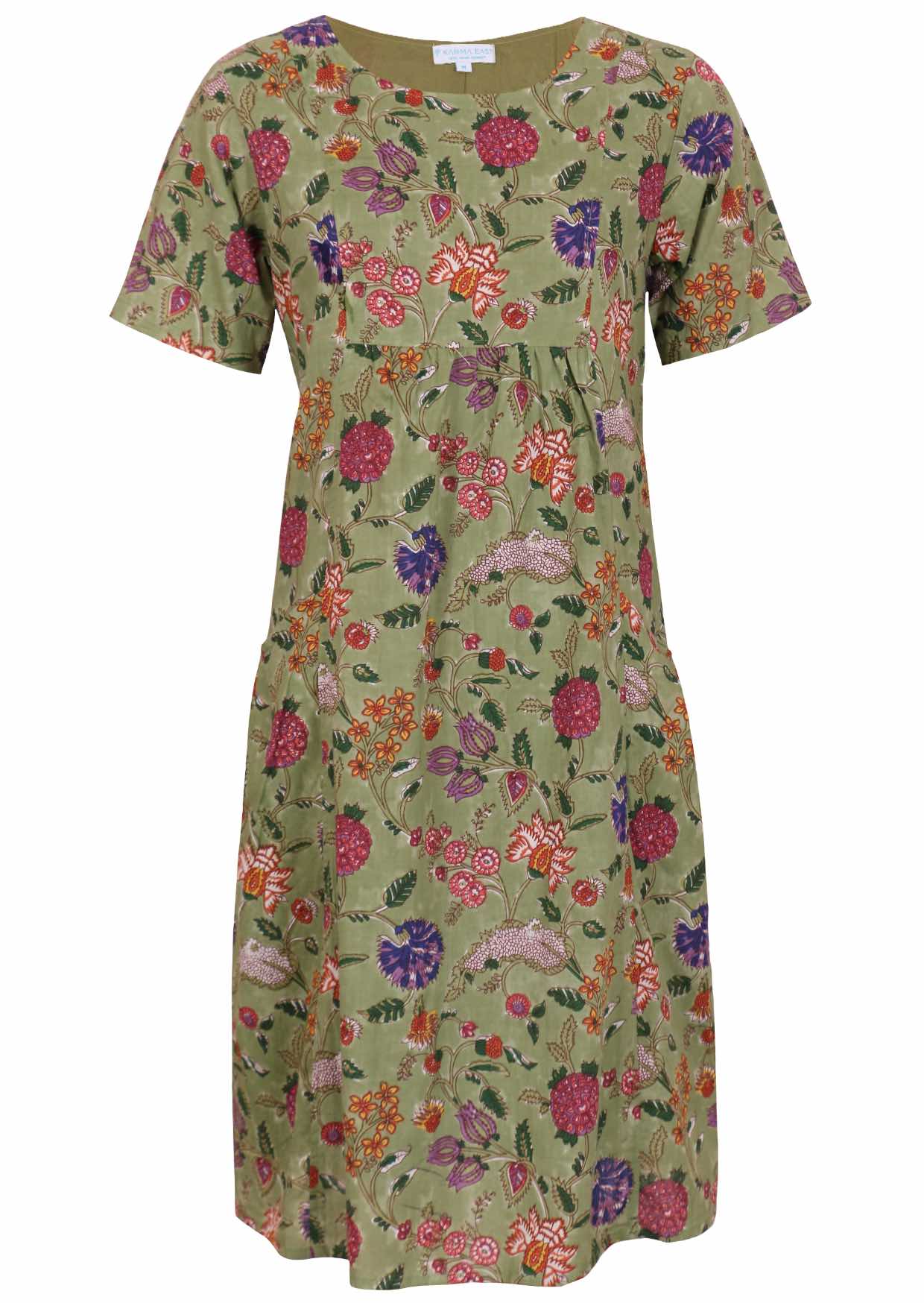 Green based multi coloured folk art style florals cotton dress on a white background.
